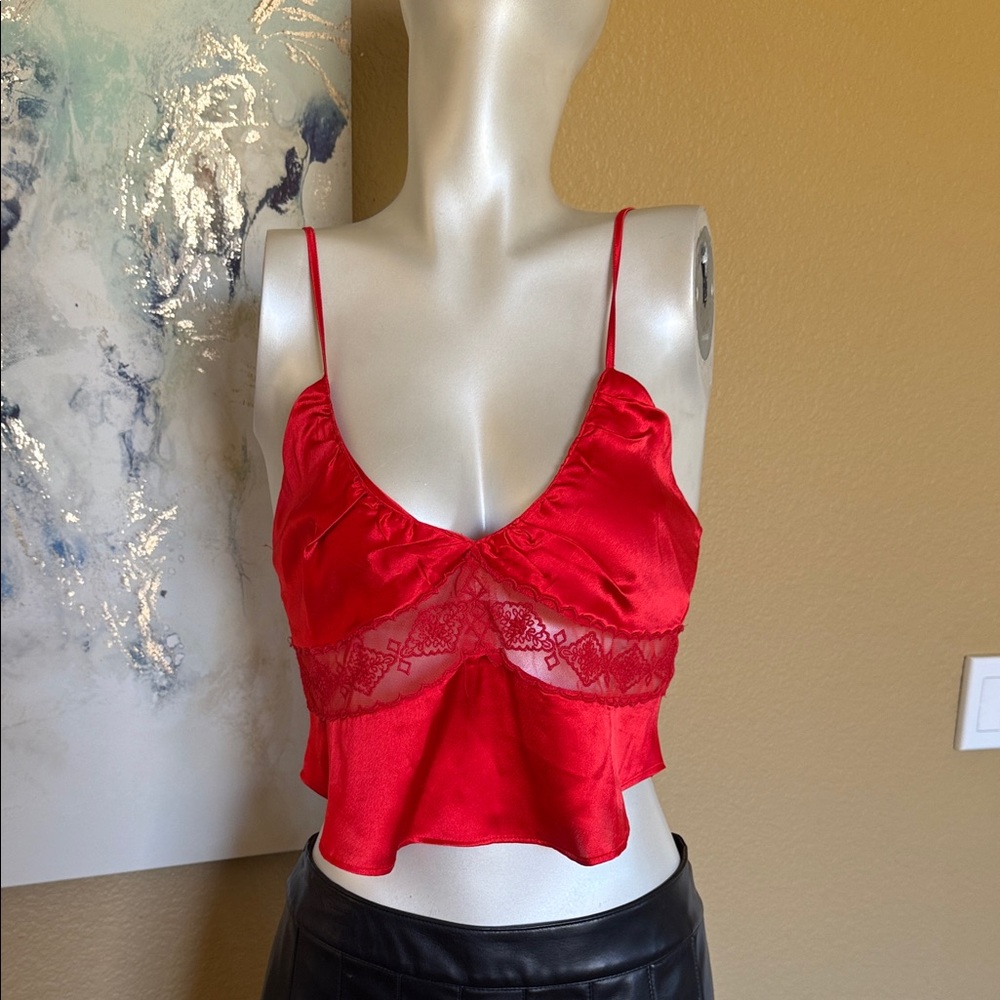 Red Lace-Trim Satin Crop Cami - Women Intimates